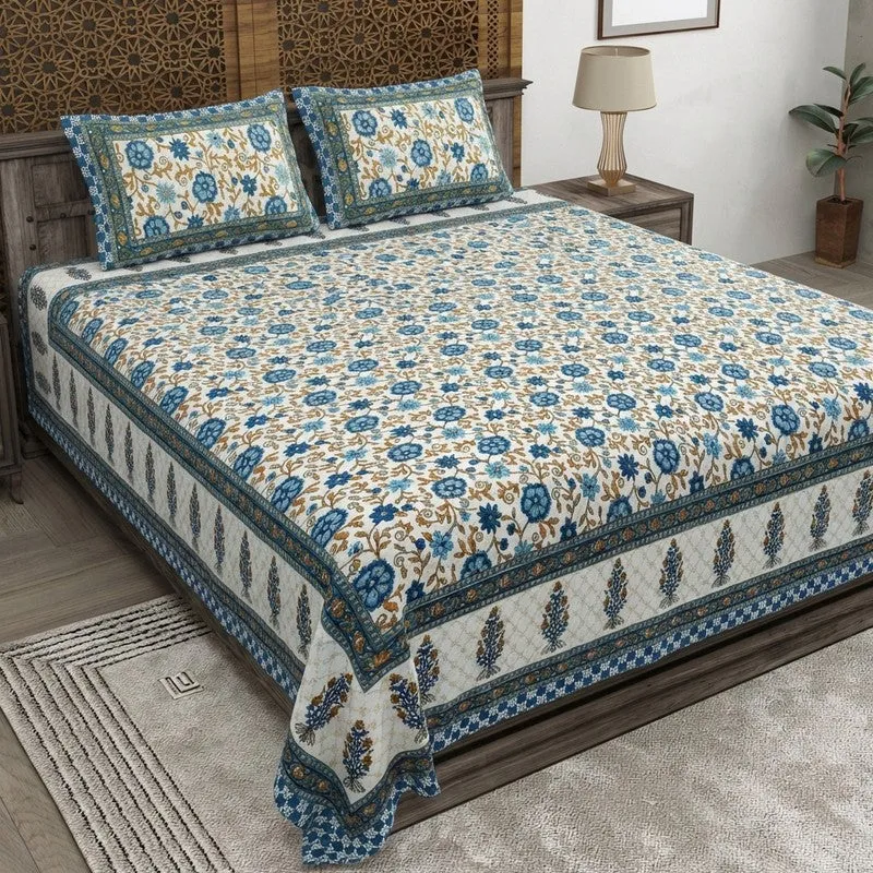Petalet Cotton Bedsheet (Blue,White) - 240 TC media 1