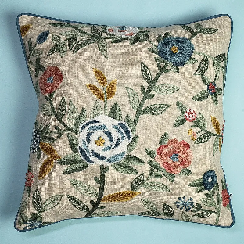 Indigo Petals Embroidered Cotton Cushion Cover media 3