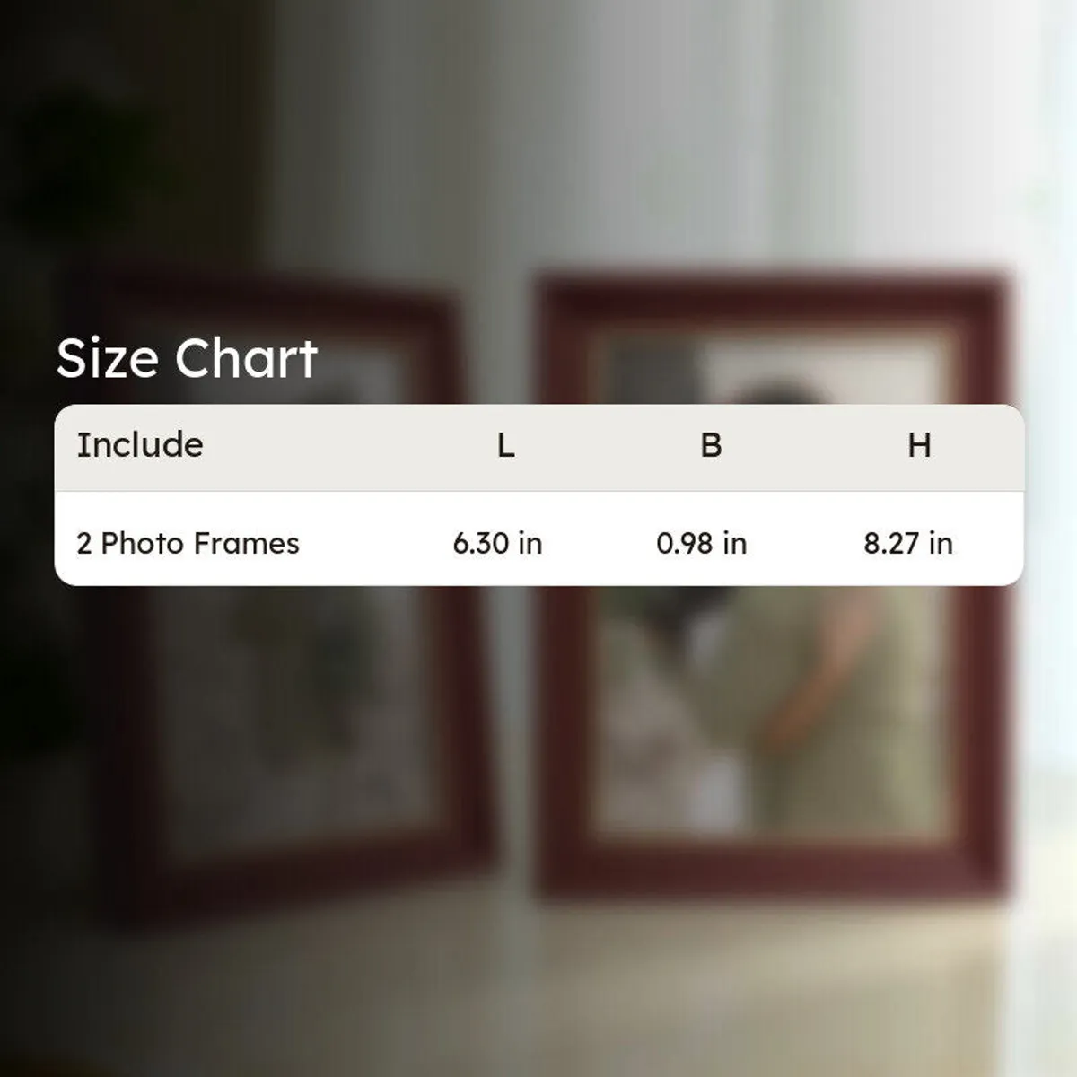 Two brown photo frames shown in a softly blurred lifestyle setting.