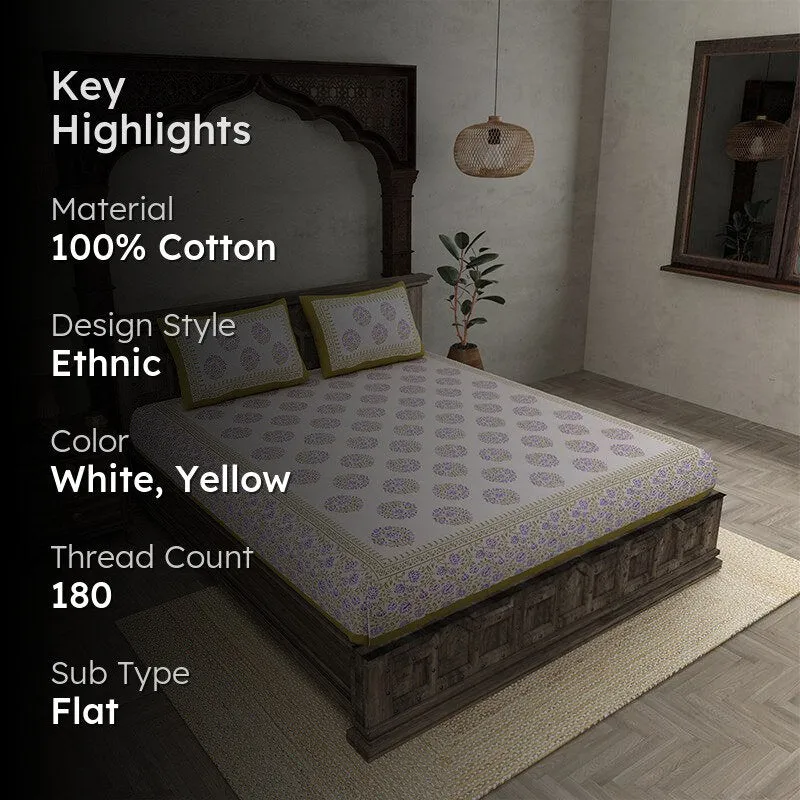 Lavo Floral Cotton Bedsheet (White,Yellow) - 180 TC media 2