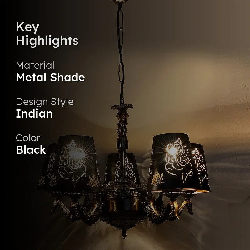 Ganesha Etched Mayoor Golden Antique Ceiling Lamp media 2