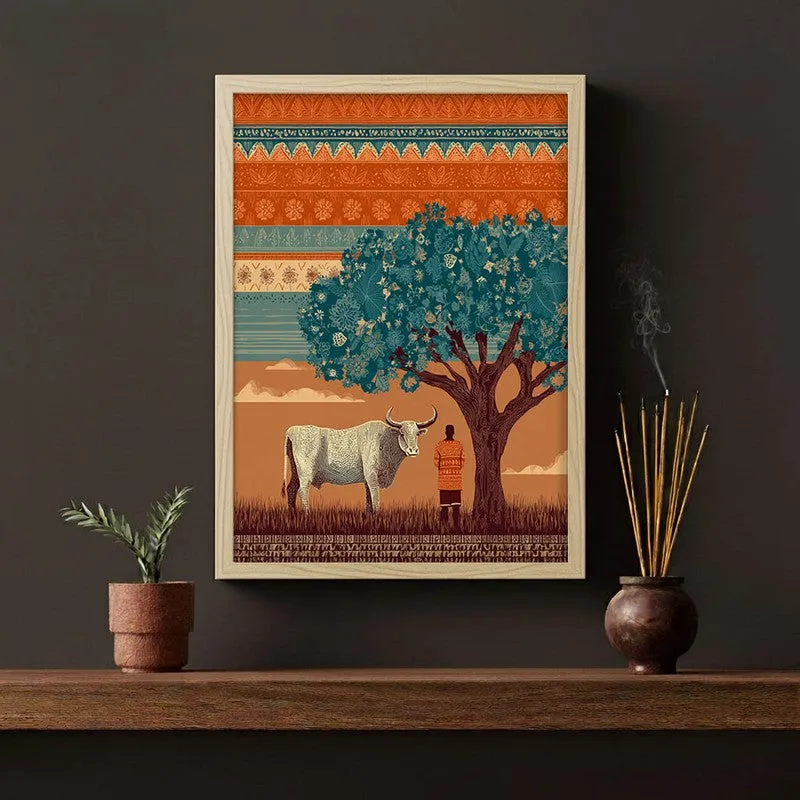 Kamadhenu Canvas Wall Painting With Brown Frame media 3