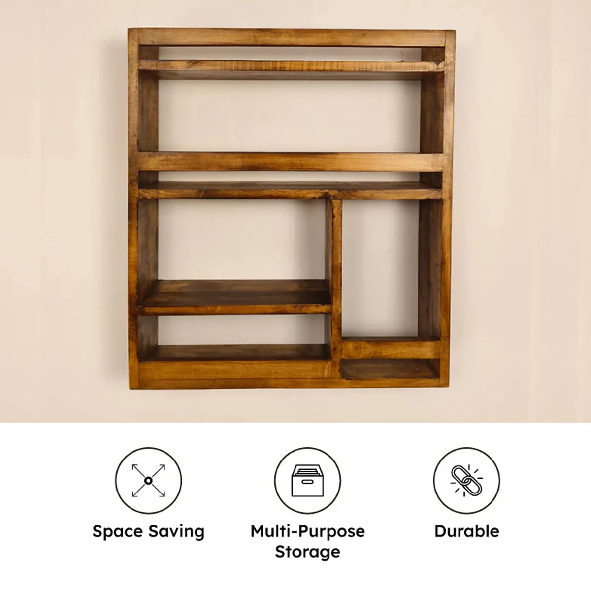 Front view of an empty brown wooden rack with multiple open compartments