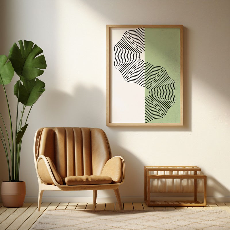Ondas Green Archival Canvas Wall Art - Natural Brown Frame