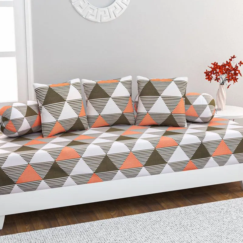 Euclidean Elite Geometric Cotton Diwan Set - Orange & Green media 1