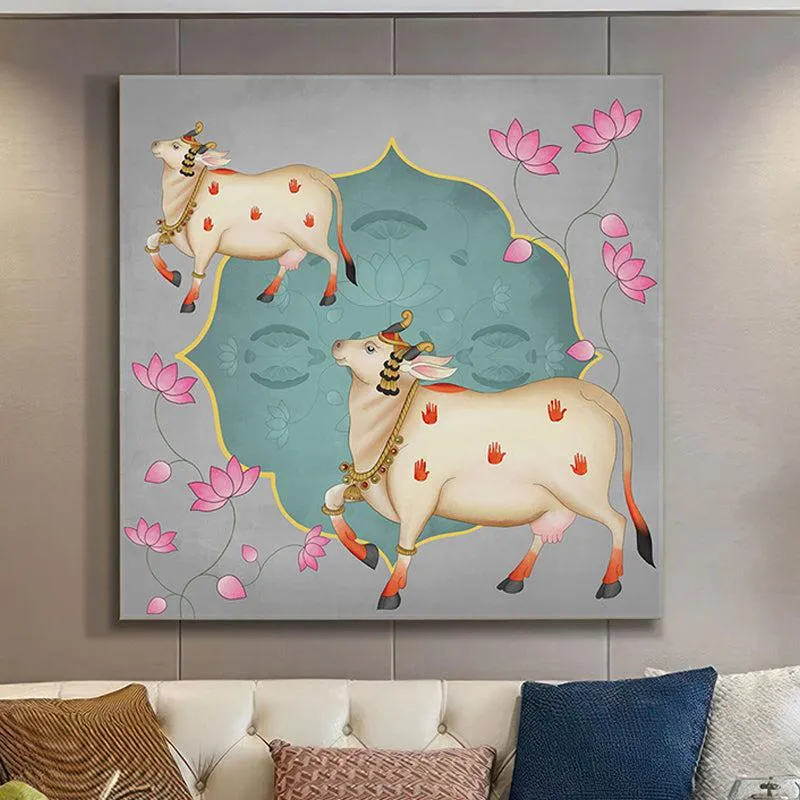 Pichwai Cow And Calf In Lotus Pond Wall Painting media 1