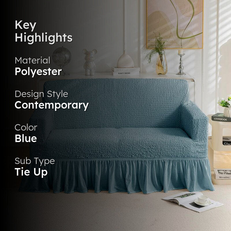 Refined Ruffles Solid Sofa Cover (Blue) - Two Seater media 2