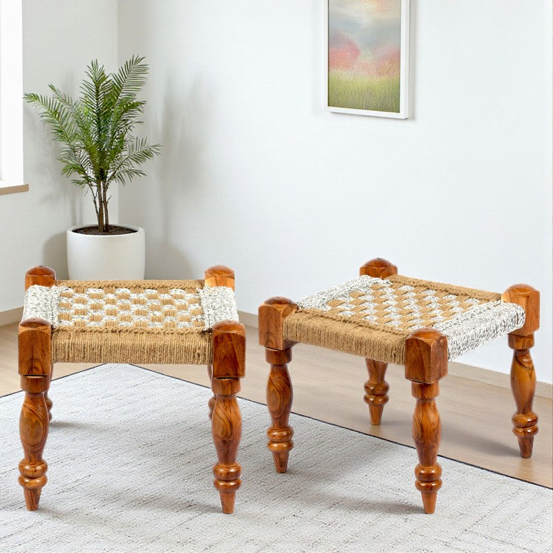 Hyrox Sheesham Wooden Stools (White,Brown) - Set Of Two