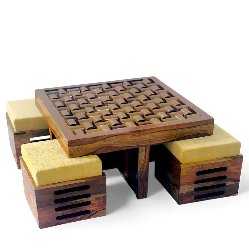 Delvex Sheesham Wooden Center Table with Stools and Cushions (Brown) - Nine Piece Set media 5