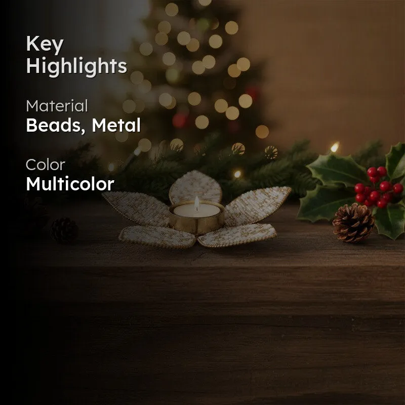 Tea light holder lifestyle image showing its beads, metal and multicolour finish