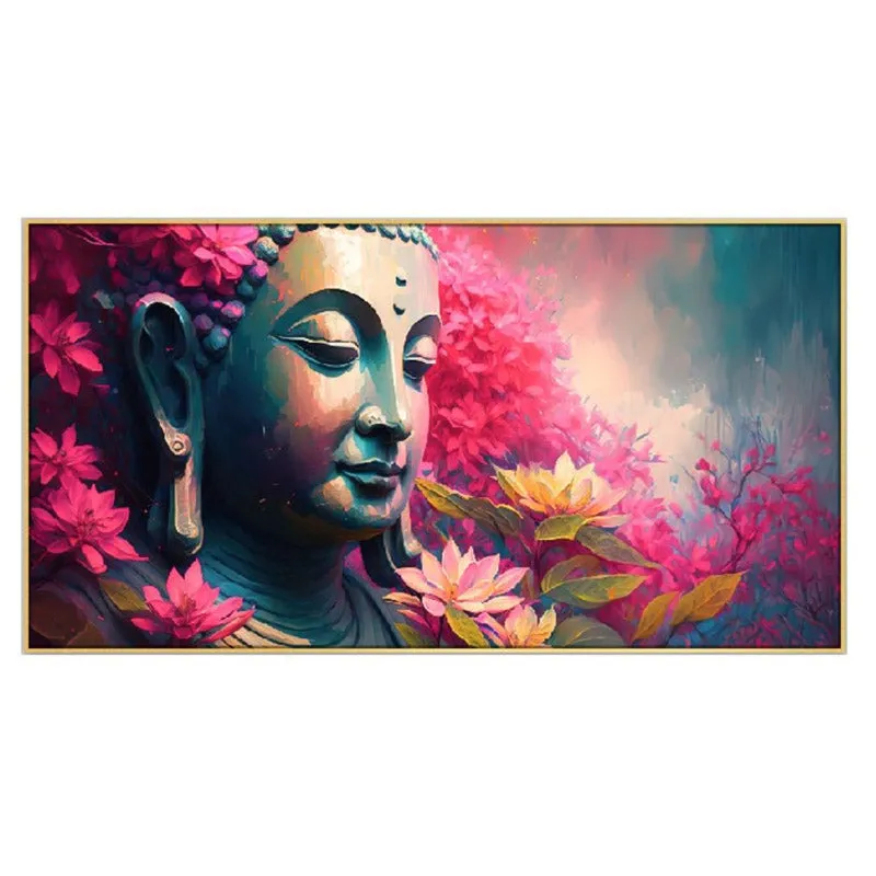 Rectangular framed painting of a meditating Buddha with pink flowers
