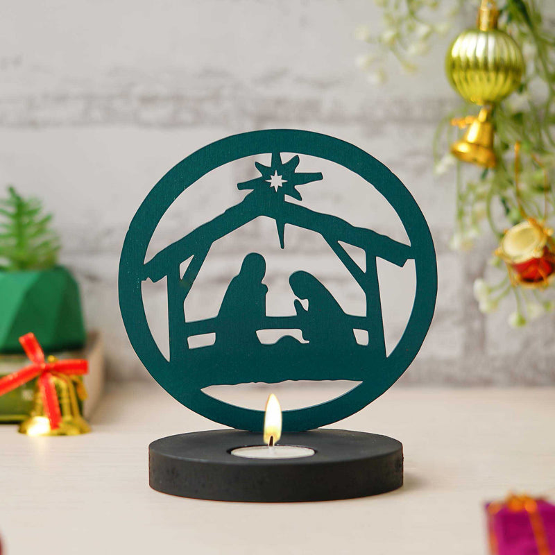 Manger Light Wood Christmas Tea Light Holder - Green