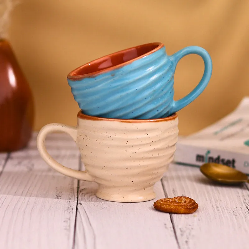 Mayla Ceramic Tea Cup (120 mL Each/White,Blue) - Set of Two media 4