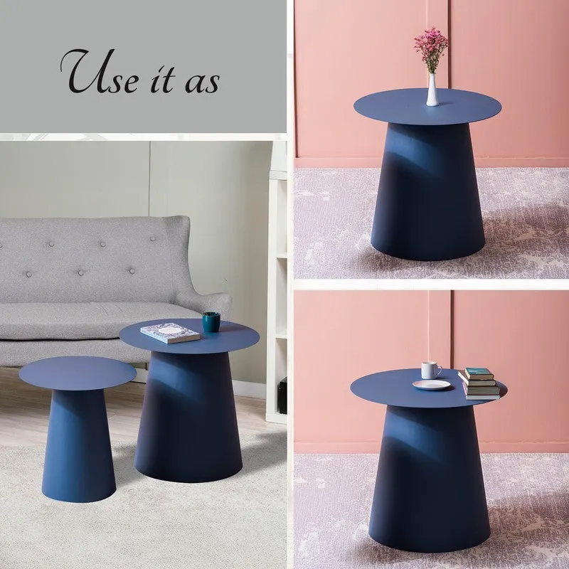 Blue accent tables styled beside a sofa and shown in use