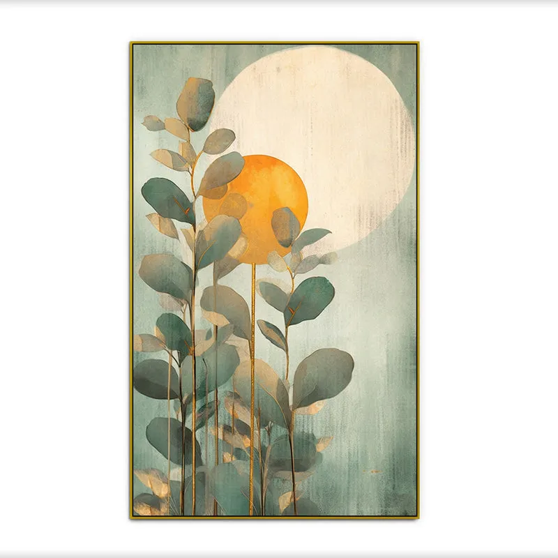 Fading Green Sunset Floral Canvas Wall Painting With Frame - Gold media 5