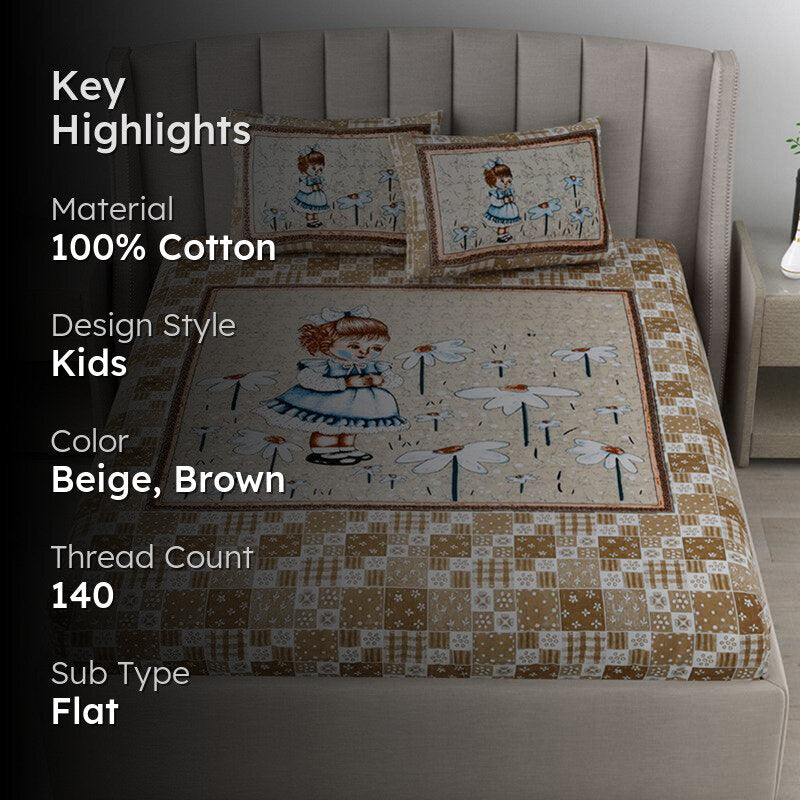 Princess Pets Kids Cotton Bedsheet (Beige) - 140 TC media 2
