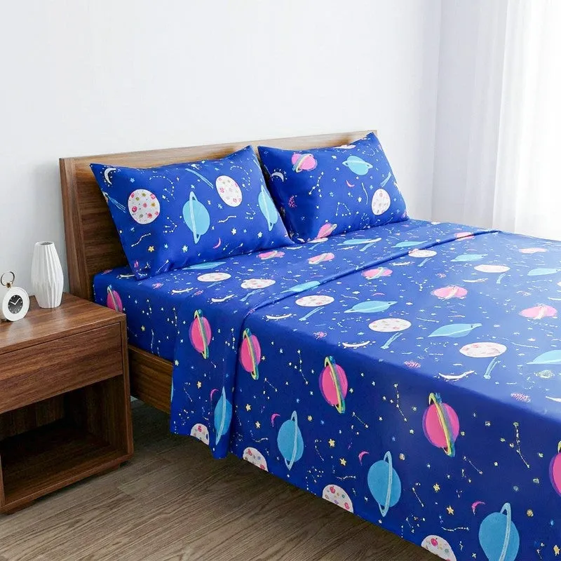 Galaxy Ride Kids Neon Print Cotton Bedsheet (Blue) - 144 TC media 3