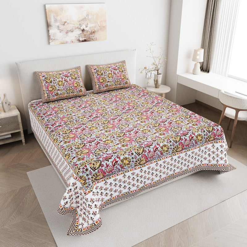 BlossomAura Cotton Bedsheet (Pink) - 144 TC