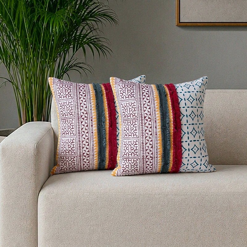 Multicolor Fringed Cotton Cushion Cover - Set Of Two - 18 x 18 Inches