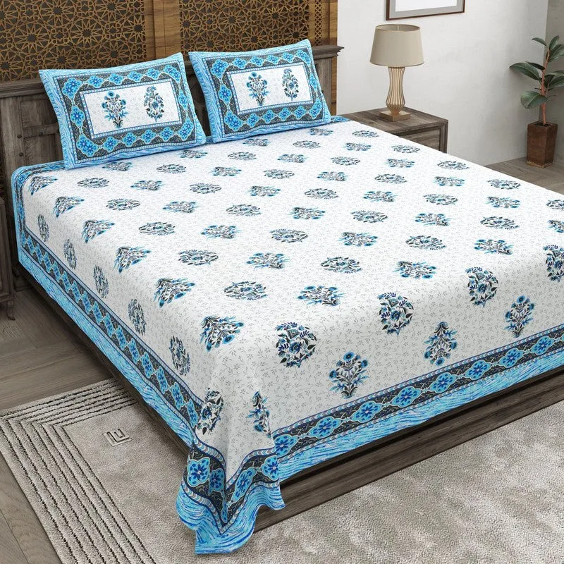 Royally Cotton Bedsheet (Blue,White) - 240 TC media 1