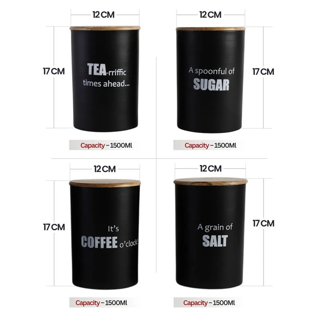 Four black cylindrical containers with natural-toned lids shown with size measurements.