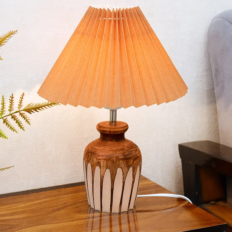 French Pleat Urn Wooden Table Lamp - Beige,Brown media 1