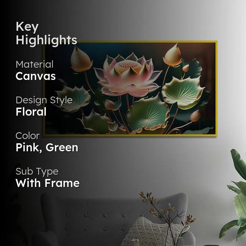 Lotus Of Light Floral Canvas Wall Painting With Frame - Gold media 2