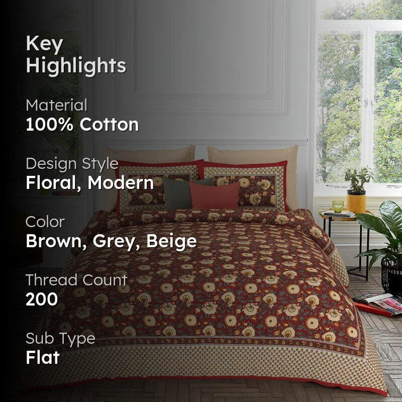 Midnight Blossom Cotton Bedsheet (Brown) - 200 TC media 2