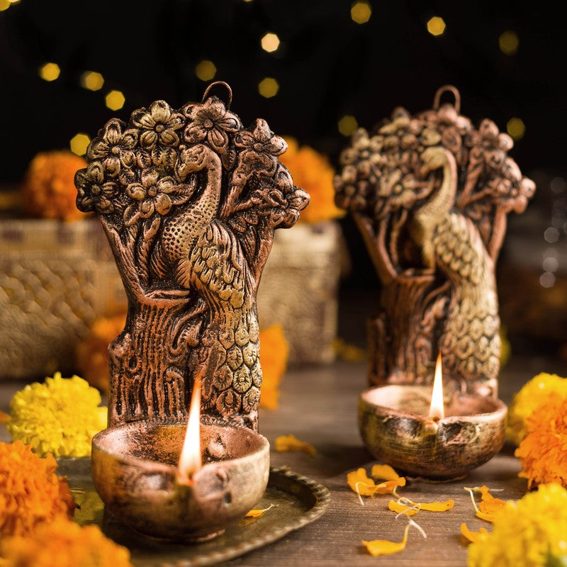 Peacock Hanging Diya - Set Of Two media 7