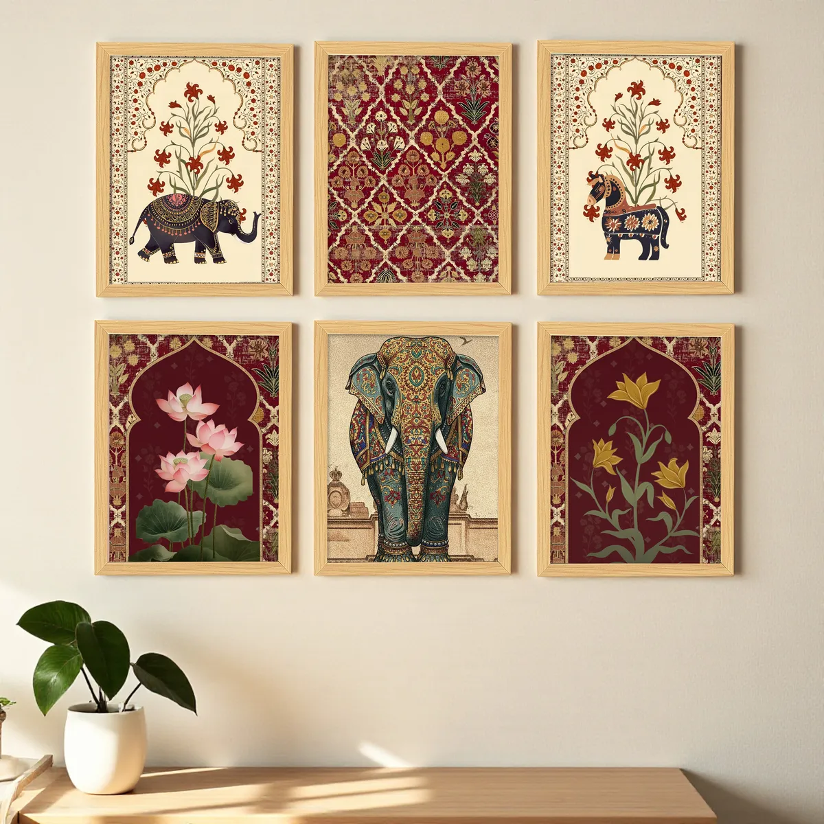 Elephant Motif Ethnic Paper Wall Painting Set With Frame - Set Of Six media 1