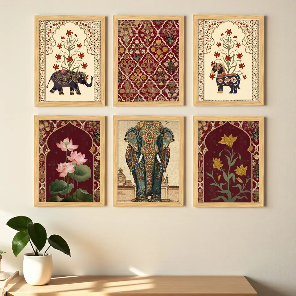 Elephant Motif Ethnic Paper Wall Painting Set With Frame - Set Of Six media 1