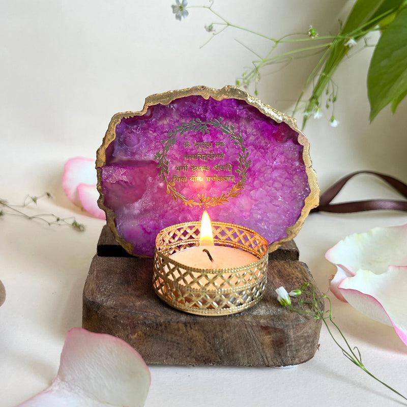 Gayathri Mantra Handcrafted Agate Religious Accent With Tealight Candle Holder - Pink
