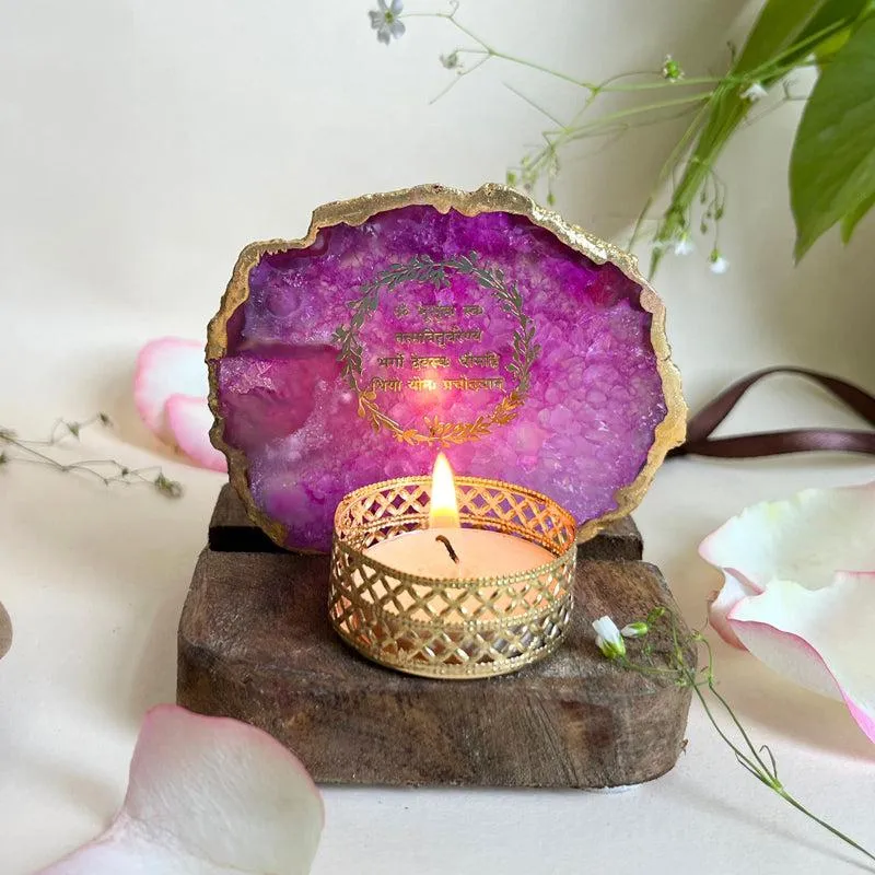 Gayathri Mantra Handcrafted Agate Religious Accent With Tealight Candle Holder - Pink media 1
