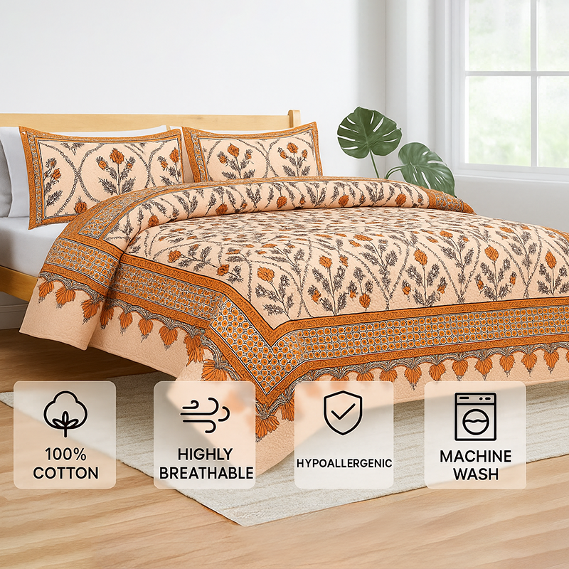 Mughal Jaali Printed Cotton Bedsheet (Orange,Beige) - 120 TC media 6