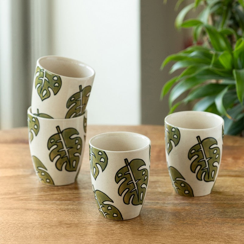 Leaf Ceramic Coffee Mug (280 mL Each) - Set Of Four