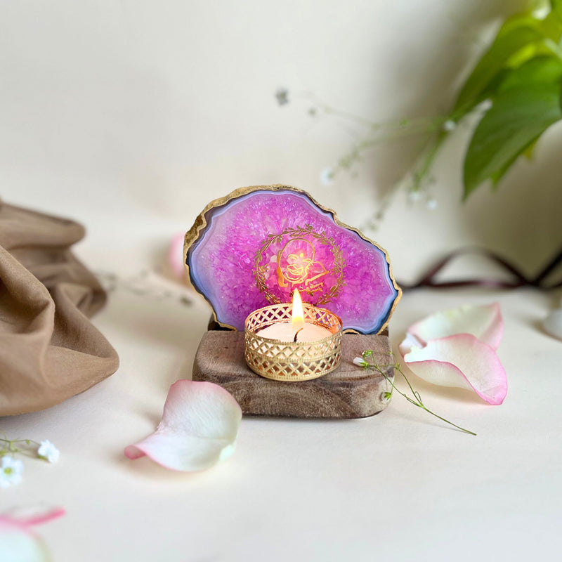 Sacred Guruji Handcrafted Agate Religious Accent With Tealight Candle Holder - Pink