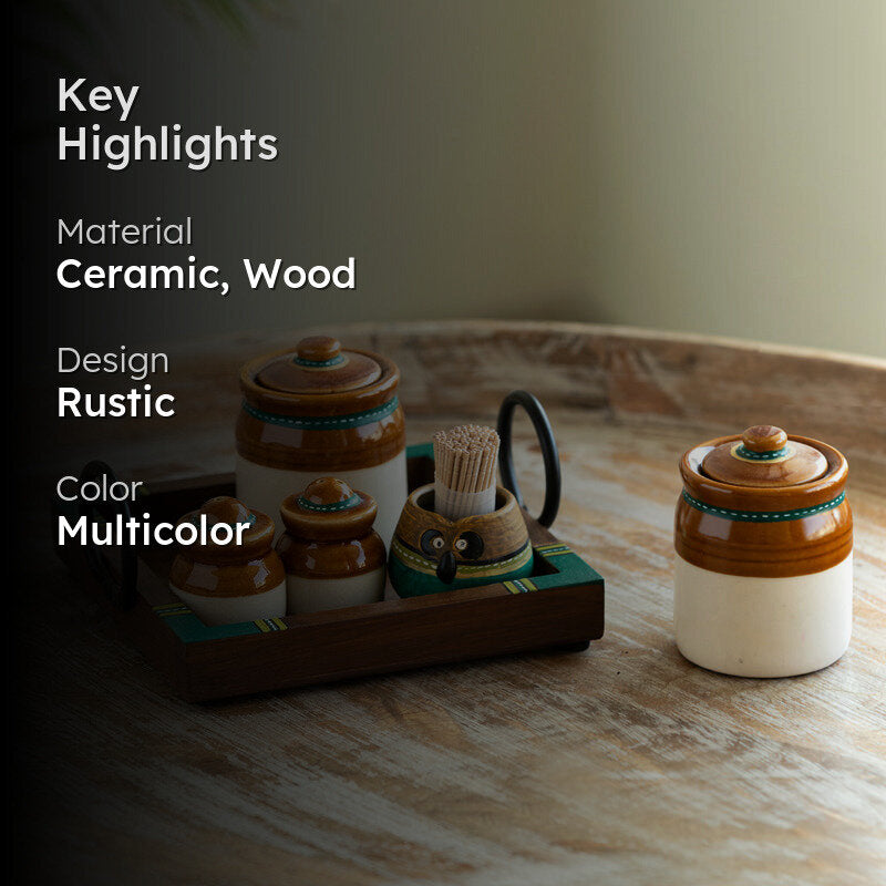 Tangy Charm Wood & Ceramic Condiment Set (120 ML & 20 ML) - Six Piece Set media 2