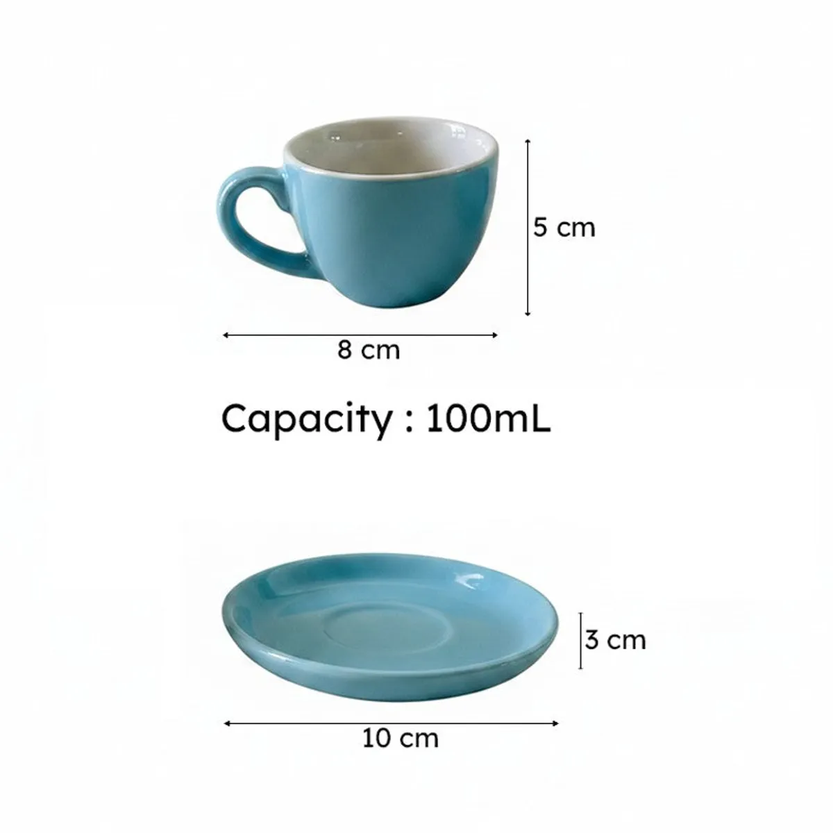 Blue ceramic cup and saucer shown with size measurement markers