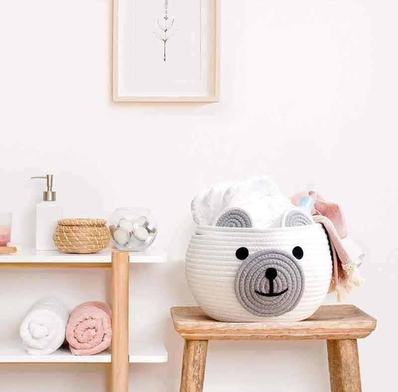 Happy Bear Multipurpose Cotton Storage Basket- White & Grey media 4