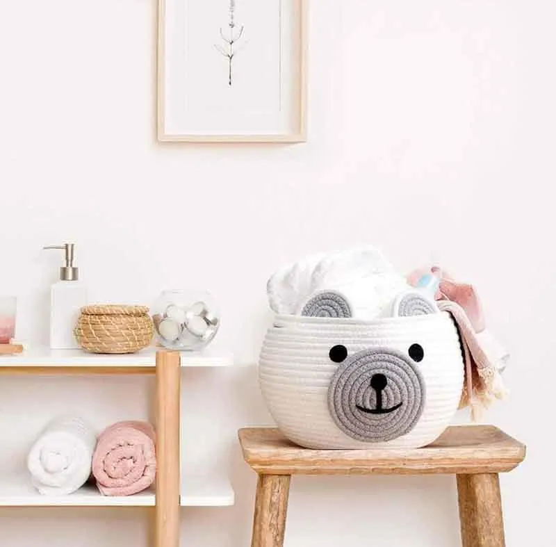 Happy Bear Multipurpose Cotton Storage Basket- White & Grey media 4