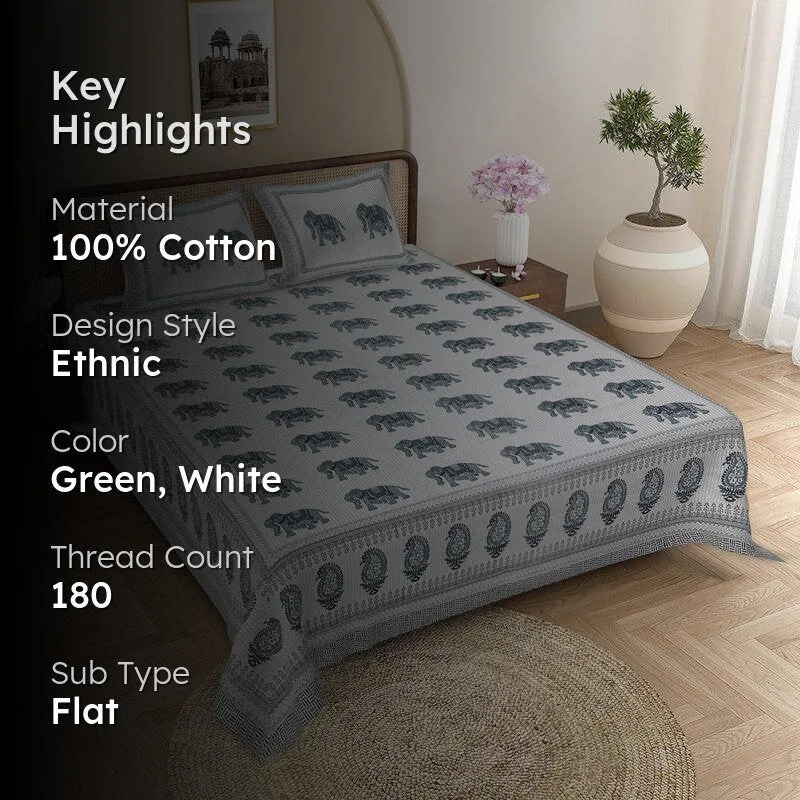 Viraja Ethnic Cotton Bedsheet (White,Green) - 180 TC media 2