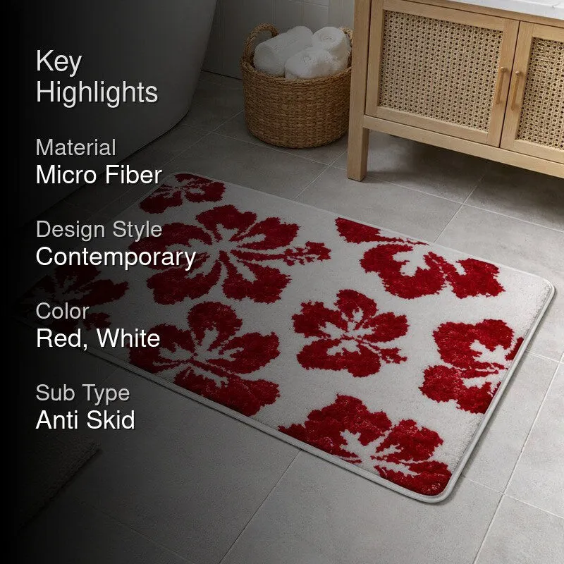 Red and white floral bath mat with key highlights overlay