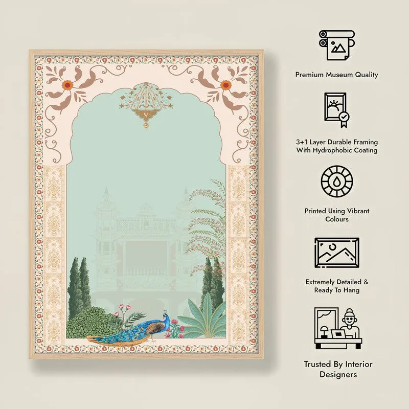 Imperial Peacock Framed Mughal Canvas Archival Canvas Wall Painting - Natural Brown Frame media 9