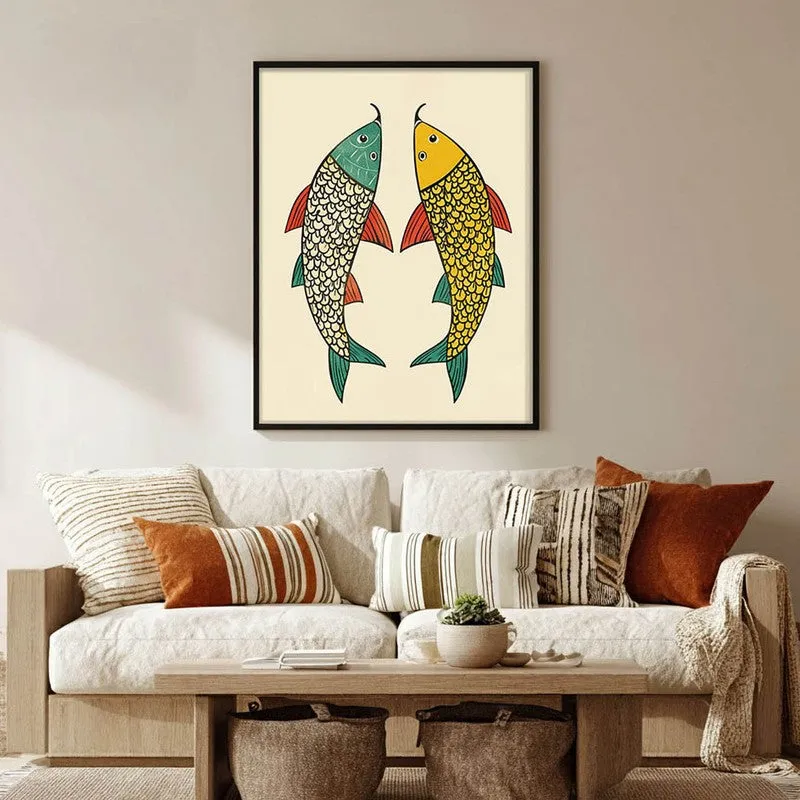 Twin Fish Folk Art Canvas Wall Painting With Black Frame media 1