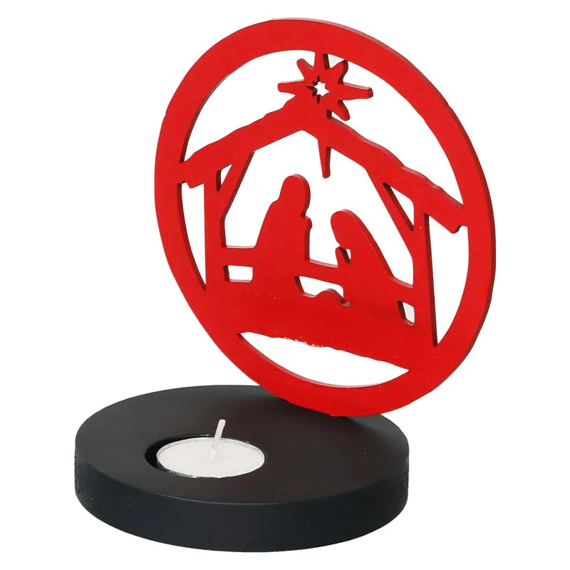 Manger Light Wood Christmas Tea Light Holder - Red media 7