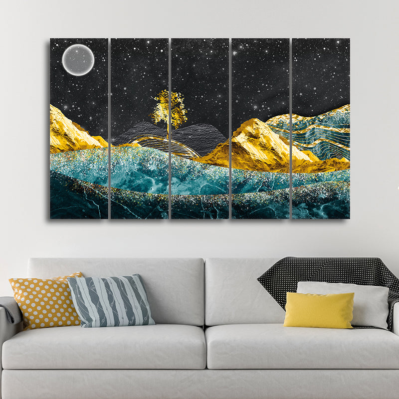 Golden Moonscape Canvas Wall Art - Set Of Five