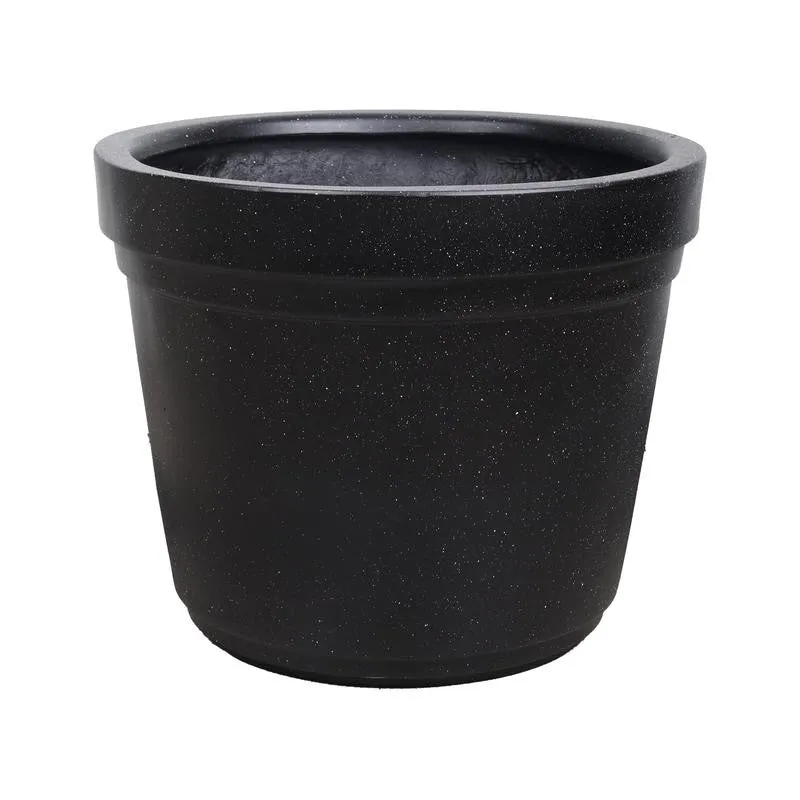Close view of the black planter showing its wide rim and matte finish