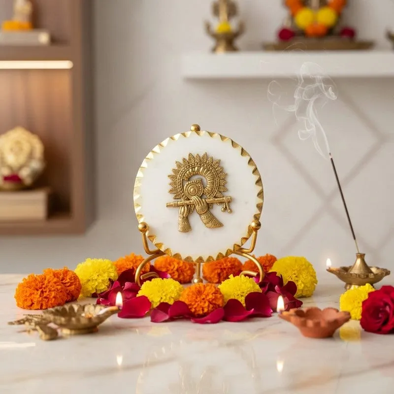 Divine Flute Krishna Marble Showpiece With Stand media 1