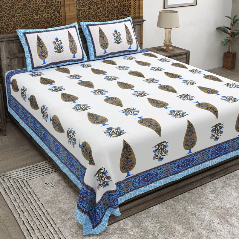 Jaipuro Cotton Bedsheet (Blue,White) - 240 TC media 1