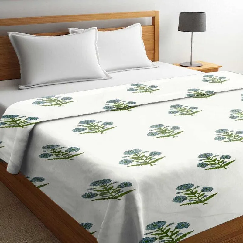 Tapas Floral Reversible Cotton Dohar (White & Blue) - 180 GSM media 1
